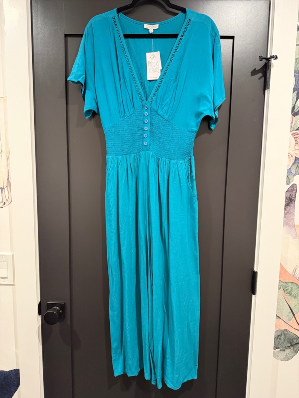 Patrons of Peace Turquoise V-Neck Smocked-Waist Jumpsuit